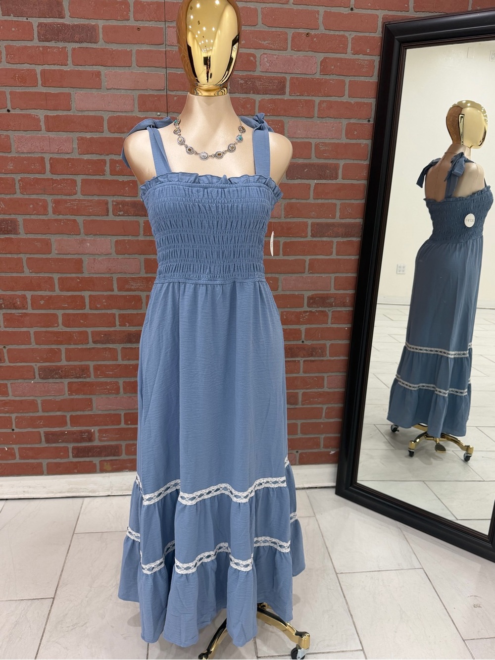 Smocked Blue Tie-Shoulder Maxi Dress